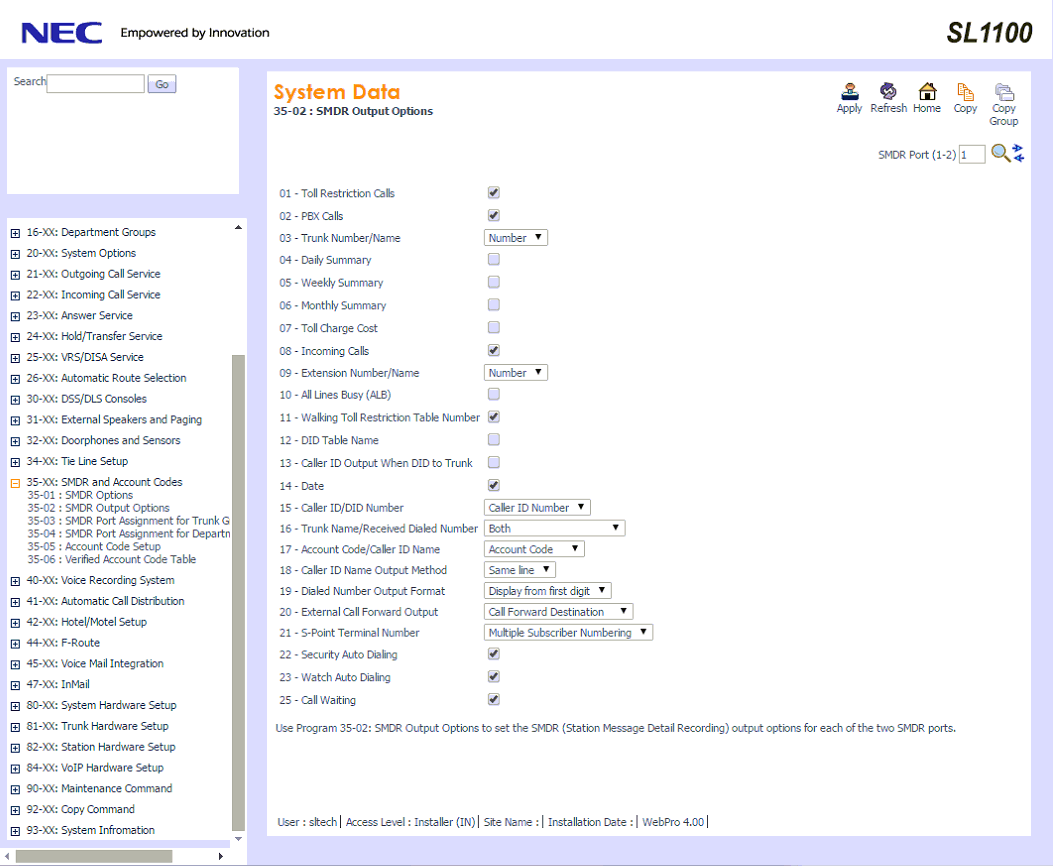 NEC SL1000. PBX Data Logger. SMDR/CDR data format and connection settings